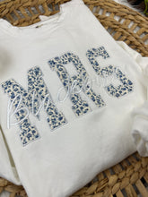 Load image into Gallery viewer, MRS Embroidered Sweatshirt with Bride’s New Last Name – Blue & Cream Monotone  – Personalized Bridal Gift, Wedding, Engagement, Honeymoon