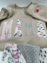 Load image into Gallery viewer, Curved Mama sweatshirt from Baby clothes - Onsies /Mommy / Daddy/ Grandma - Fabric Keepsake Sweatshirts - Applique from baby clothes Nana, Mimi