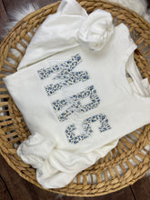 Load image into Gallery viewer, MRS Embroidered Sweatshirt with Bride’s New Last Name – Blue & Cream Monotone  – Personalized Bridal Gift, Wedding, Engagement, Honeymoon
