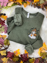 Load image into Gallery viewer, Embroidered Spooky Ghost Sweatshirt – Iced Latte & Orange Beanie Cute Fall Halloween Crewneck | Cozy Autumn Vibes Jerzees - Comfort Colors
