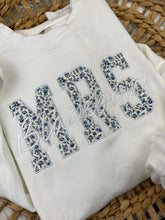 Load image into Gallery viewer, MRS Embroidered Sweatshirt with Bride’s New Last Name – Blue & Cream Monotone  – Personalized Bridal Gift, Wedding, Engagement, Honeymoon