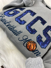 Load image into Gallery viewer, GCCS Basketball Mom Shirt | Navy Sequin GCCS | Basketball Mom Sweatshirt | Sequin Sports Mom Apparel | Custom School Spirit Wear Gloucester County Christian School