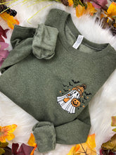 Load image into Gallery viewer, Embroidered Spooky Ghost Sweatshirt – Iced Latte & Orange Beanie Cute Fall Halloween Crewneck | Cozy Autumn Vibes Jerzees - Comfort Colors