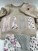 Load image into Gallery viewer, Curved Mama sweatshirt from Baby clothes - Onsies /Mommy / Daddy/ Grandma - Fabric Keepsake Sweatshirts - Applique from baby clothes Nana, Mimi