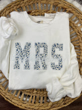 Load image into Gallery viewer, MRS Embroidered Sweatshirt with Bride’s New Last Name – Blue & Cream Monotone  – Personalized Bridal Gift, Wedding, Engagement, Honeymoon