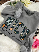 Load image into Gallery viewer, Curved NICU Nurse sweatshirt from baby hospital swaddle Blanket-  RN labor delivery  Licensed Practical, CNA,  - Fabric Keepsake Sweatshirts - Applique