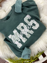 Load image into Gallery viewer, MRS Applique Embroidered Sweatshirt with Bride’s New Last Name – Sage Chinoiserie or send your wedding dress remnents – Personalized Bridal Gift, Wedding, Engagement, Honeymoon