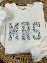 Load image into Gallery viewer, MRS Embroidered Sweatshirt with Bride’s New Last Name – Blue & Cream Monotone  – Personalized Bridal Gift, Wedding, Engagement, Honeymoon