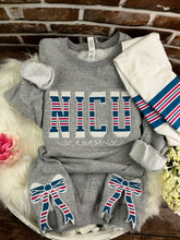 Load image into Gallery viewer, NICU Nurse sweatshirt with side bows from baby hospital swaddle Blanket-  RN labor delivery  Licensed Practical, CNA,  - Fabric Keepsake Sweatshirts - Applique