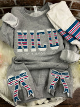 Load image into Gallery viewer, NICU Nurse sweatshirt with side bows from baby hospital swaddle Blanket-  RN labor delivery  Licensed Practical, CNA,  - Fabric Keepsake Sweatshirts - Applique