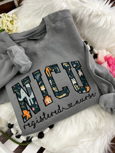 Load image into Gallery viewer, Curved NICU Nurse sweatshirt from baby hospital swaddle Blanket-  RN labor delivery  Licensed Practical, CNA,  - Fabric Keepsake Sweatshirts - Applique