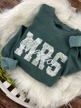 Load image into Gallery viewer, MRS Applique Embroidered Sweatshirt with Bride’s New Last Name – Sage Chinoiserie or send your wedding dress remnents – Personalized Bridal Gift, Wedding, Engagement, Honeymoon