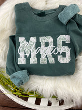 Load image into Gallery viewer, MRS Applique Embroidered Sweatshirt with Bride’s New Last Name – Sage Chinoiserie or send your wedding dress remnents – Personalized Bridal Gift, Wedding, Engagement, Honeymoon