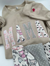 Load image into Gallery viewer, Curved Mama sweatshirt from Baby clothes - Onsies /Mommy / Daddy/ Grandma - Fabric Keepsake Sweatshirts - Applique from baby clothes Nana, Mimi