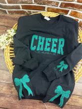 Load image into Gallery viewer, Custom Cheer Mom Sweatshirt with side bows | Personalized Keepsake- Celebrate Team Spirit with Glitter Embroidered Cheer
