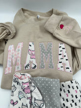 Load image into Gallery viewer, Curved Mama sweatshirt from Baby clothes - Onsies /Mommy / Daddy/ Grandma - Fabric Keepsake Sweatshirts - Applique from baby clothes Nana, Mimi
