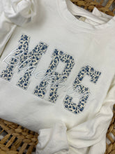 Load image into Gallery viewer, MRS Embroidered Sweatshirt with Bride’s New Last Name – Blue & Cream Monotone  – Personalized Bridal Gift, Wedding, Engagement, Honeymoon