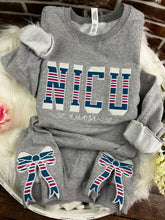 Load image into Gallery viewer, NICU Nurse sweatshirt with side bows from baby hospital swaddle Blanket-  RN labor delivery  Licensed Practical, CNA,  - Fabric Keepsake Sweatshirts - Applique