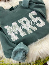 Load image into Gallery viewer, MRS Applique Embroidered Sweatshirt with Bride’s New Last Name – Sage Chinoiserie or send your wedding dress remnents – Personalized Bridal Gift, Wedding, Engagement, Honeymoon
