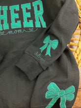 Load image into Gallery viewer, Custom Cheer Mom Sweatshirt with side bows | Personalized Keepsake- Celebrate Team Spirit with Glitter Embroidered Cheer