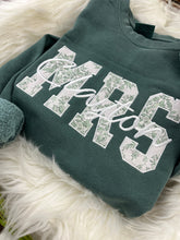 Load image into Gallery viewer, MRS Applique Embroidered Sweatshirt with Bride’s New Last Name – Sage Chinoiserie or send your wedding dress remnents – Personalized Bridal Gift, Wedding, Engagement, Honeymoon