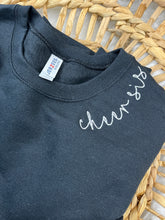Load image into Gallery viewer, Custom Embroidered Name Sweatshirt or Tee | Cursive Collar Embroidery | MAMA, Nana, Grammy, Aunt, Teacher Gift | Comfort Colors, Jerzees