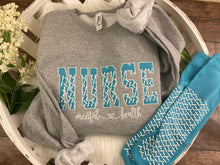 Load image into Gallery viewer, Nurse sweatshirt from Grippy Socks -  RN Licensed Practical, CNA,  - Fabric Keepsake Sweatshirts - Applique