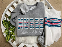 Load image into Gallery viewer, BULK ORDER of 10 or more - Nurse sweatshirt from Baby  - Hospital Blanket - Labor and Delivery RN NICU - Fabric Keepsake Sweatshirts - Applique