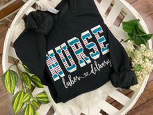 Load image into Gallery viewer, Nurse sweatshirt from baby hospital swaddle Blanket-  RN labor delivery  Licensed Practical, CNA,  - Fabric Keepsake Sweatshirts - Applique