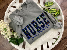 Load image into Gallery viewer, NURSE - Rainbow Heartbeat fabric - Trauma Unit, ER,  RN Licensed Practical, CNA, and many more options - Fabric Keepsake Sweatshirts - Applique