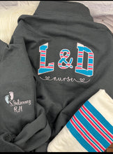 Load image into Gallery viewer, Nurse L& D Quarter Zip sweatshirt or Full Zip hoodie from baby hospital swaddle Blanket- RN labor delivery Licensed Practical, CNA, - Jacket