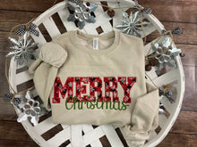 Load image into Gallery viewer, Merry Christmas Embroidery Applique Holiday Shirt- Comfort Colors Embroidered Buffalo Plaid Snowflakes