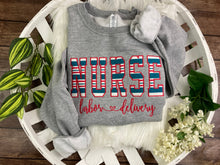 Load image into Gallery viewer, BULK ORDER of 10 or more - Nurse sweatshirt from Baby  - Hospital Blanket - Labor and Delivery RN NICU - Fabric Keepsake Sweatshirts - Applique