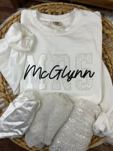 Load image into Gallery viewer, MRS Applique Embroidered Sweatshirt with Bride’s New Last Name – Sage Chinoiserie or send your wedding dress remnents – Personalized Bridal Gift, Wedding, Engagement, Honeymoon