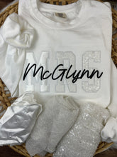 Load image into Gallery viewer, MRS Applique Embroidered Sweatshirt with Bride’s New Last Name – Sage Chinoiserie or send your wedding dress remnents – Personalized Bridal Gift, Wedding, Engagement, Honeymoon