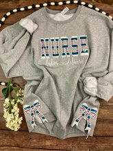 Load image into Gallery viewer, Nurse sweatshirt with side bows from baby hospital swaddle Blanket-  RN labor delivery  Licensed Practical, CNA,  - Fabric Keepsake Sweatshirts - Applique