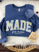 Load image into Gallery viewer, Made for More – Ephesians 2:10 | Floral Appliqué Christian Sweatshirt or T-Shirt