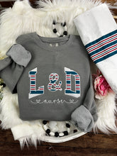 Load image into Gallery viewer, Curved L & D Nurse sweatshirt from baby hospital swaddle Blanket-  RN labor delivery  Licensed Practical, CNA,  - Fabric Keepsake Sweatshirts - Applique