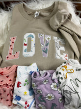 Load image into Gallery viewer, Curved LOVE  sweatshirt from Baby clothes - Onsies /Mommy / Daddy/ Grandma - Fabric Keepsake Sweatshirts - Applique from baby clothes Nana, Mimi