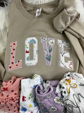 Load image into Gallery viewer, Curved LOVE  sweatshirt from Baby clothes - Onsies /Mommy / Daddy/ Grandma - Fabric Keepsake Sweatshirts - Applique from baby clothes Nana, Mimi