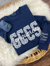 Load image into Gallery viewer, Custom GCCS Appliqué Sweatshirt | Floral Blue GCCS Embroidery | Conquerors Cursive Script | Comfort Colors School Spirit Sweatshirt