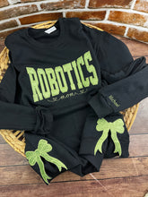 Load image into Gallery viewer, Custom Robotics Mom Glitter Sweatshirt – Embroidered STEM Team With Side Bows – Personalized Robotics Supporter Shirt – Competition Spirit Wear