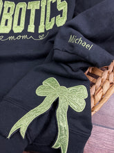 Load image into Gallery viewer, Custom Robotics Mom Glitter Sweatshirt – Embroidered STEM Team With Side Bows – Personalized Robotics Supporter Shirt – Competition Spirit Wear