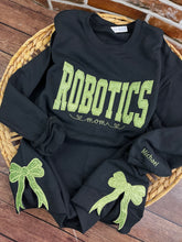 Load image into Gallery viewer, Custom Robotics Mom Glitter Sweatshirt – Embroidered STEM Team With Side Bows – Personalized Robotics Supporter Shirt – Competition Spirit Wear