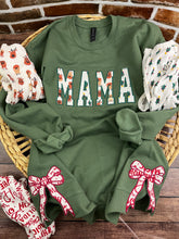 Load image into Gallery viewer, Mama sweatshirt with Side Bows from Baby clothes - Onsies /Mommy / Daddy/ Grandma - Fabric Keepsake Sweatshirts - Applique from baby clothes Nana Mimi Gigi
