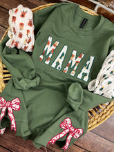 Load image into Gallery viewer, Mama sweatshirt with Side Bows from Baby clothes - Onsies /Mommy / Daddy/ Grandma - Fabric Keepsake Sweatshirts - Applique from baby clothes Nana Mimi Gigi