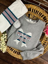 Load image into Gallery viewer, Nurse Bow sweatshirt from baby hospital swaddle Blanket-  RN labor delivery  Licensed Practical, CNA,  Fabric Keepsake Sweatshirts Applique