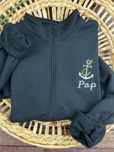 Load image into Gallery viewer, Personalized Embroidered Anchor Sweatshirt, Custom Name 1/4 Zip or Full Zip, Gift for Dad, Grandpa, Coach, Teacher, Mentor, Sports Team**