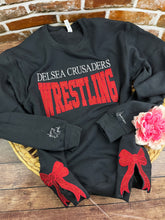 Load image into Gallery viewer, Custom School Sports Team Sweatshirt with Side Bows| Personalized Keepsake- Celebrate Team Spirit with Glitter Embroidered Wrestling, Soccer, Football