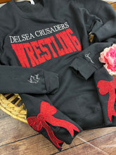 Load image into Gallery viewer, Custom School Sports Team Sweatshirt with Side Bows| Personalized Keepsake- Celebrate Team Spirit with Glitter Embroidered Wrestling, Soccer, Football